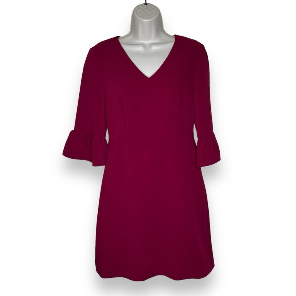 Draper James V Neck 3/4 Bell Sleeve Deep Berry Lined Sheath Dress Womens Size 4